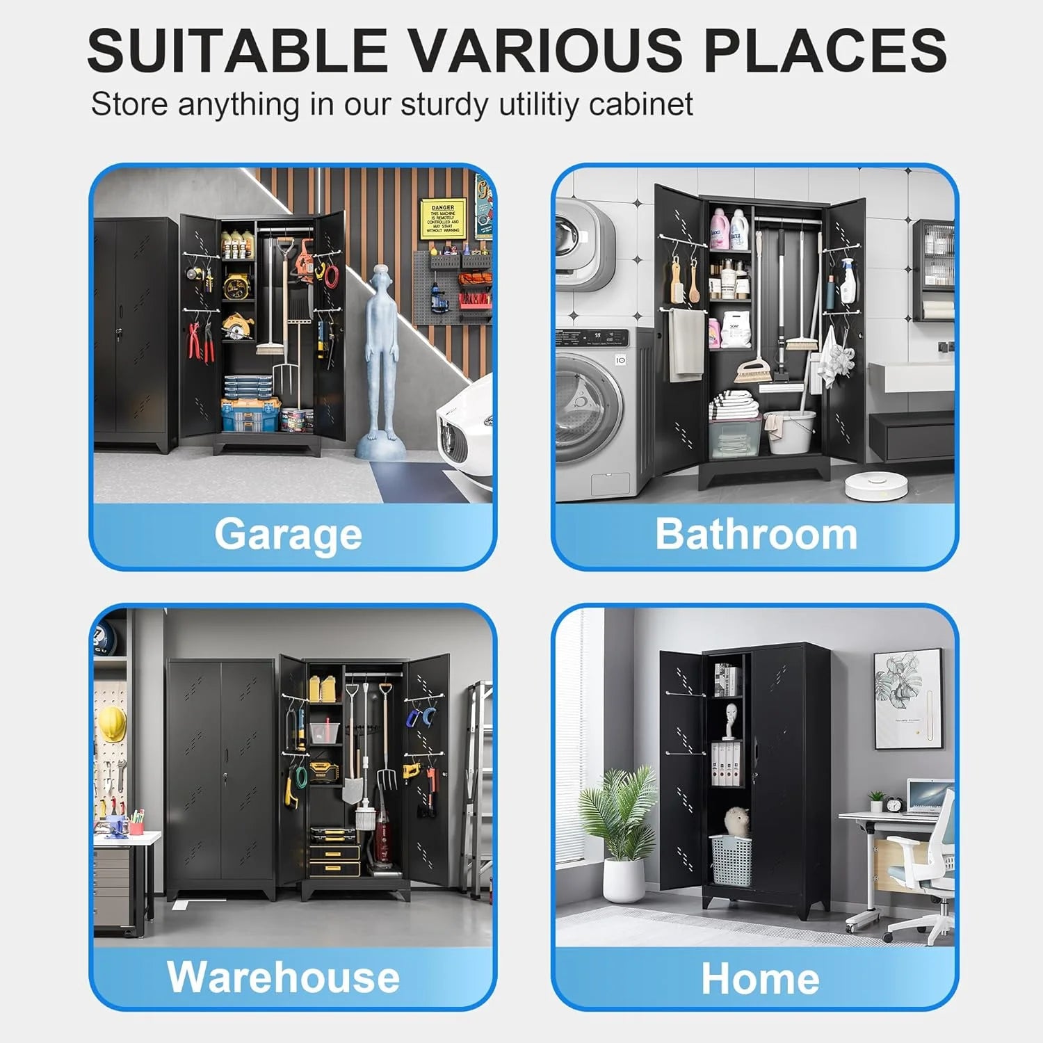 Metal Storage Cabinet with Locking Doors & Shelves, Outdoor Storage, Heavy Duty Cleaning Tool Organizer for Garage, Office, Warehouse