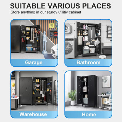 Metal Storage Cabinet with Locking Doors & Shelves, Outdoor Storage, Heavy Duty Cleaning Tool Organizer for Garage, Office, Warehouse