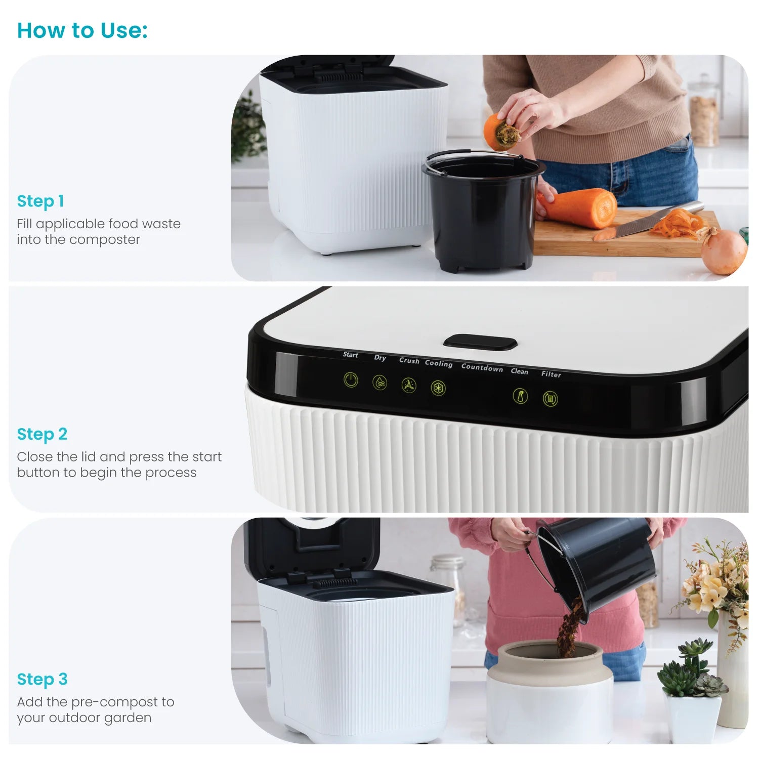 Home Zone Living 3 Liter White Kitchen Electric Composter Bin, with Auto- Cleaning Cycle