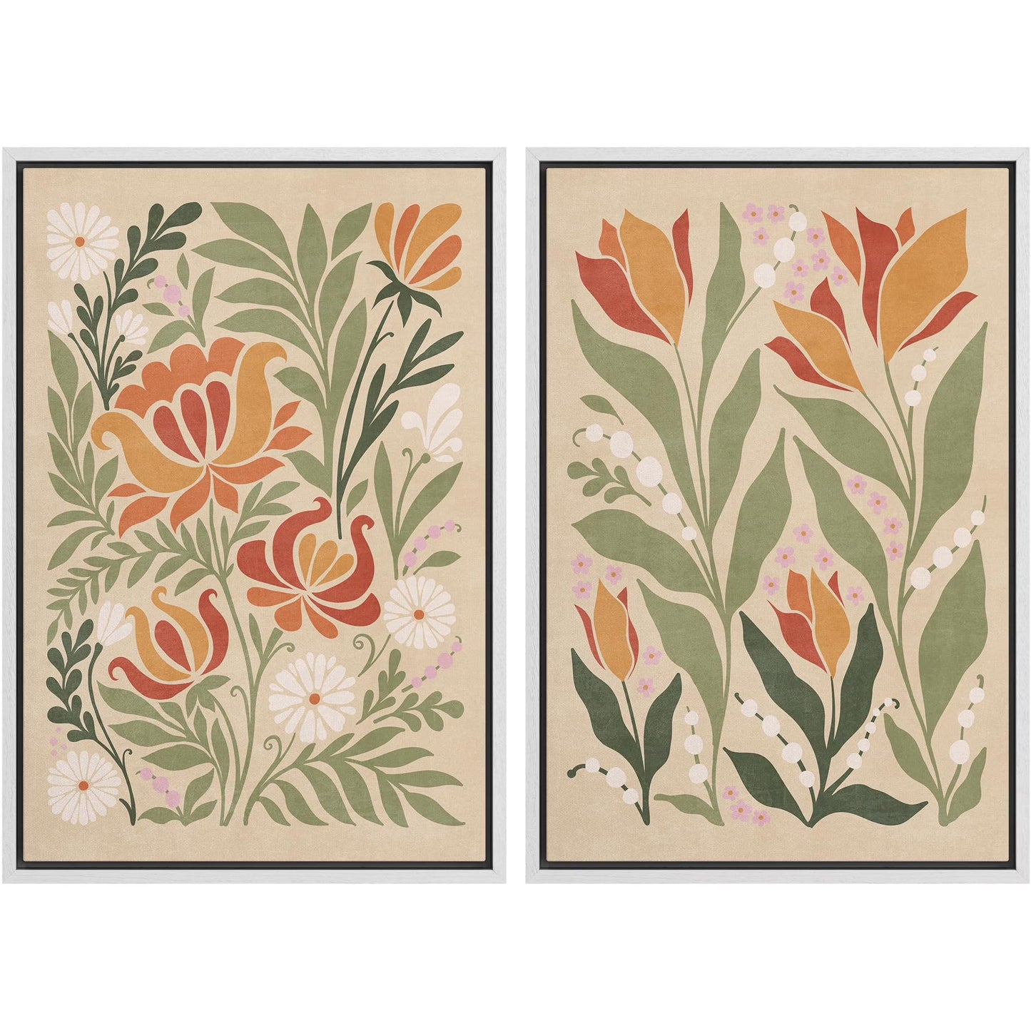 IDEA4WALL Framed Canvas Print Wall Art Set Vintage Floral Classic Botanical Illustration Abstract Garden Flowers Boho Art Modern Wall Decor Colorful Chic Artwork for Home Decor - Natural 24"x36"x2