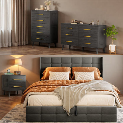 Bedroom Set - Includes Full Size Bed Frame (Dark Gray), Nightstands, 5-Drawer Dresser & Double Wide 6-Drawer Dresser - Modern Storage Solution for Stylish Home Decor, Black