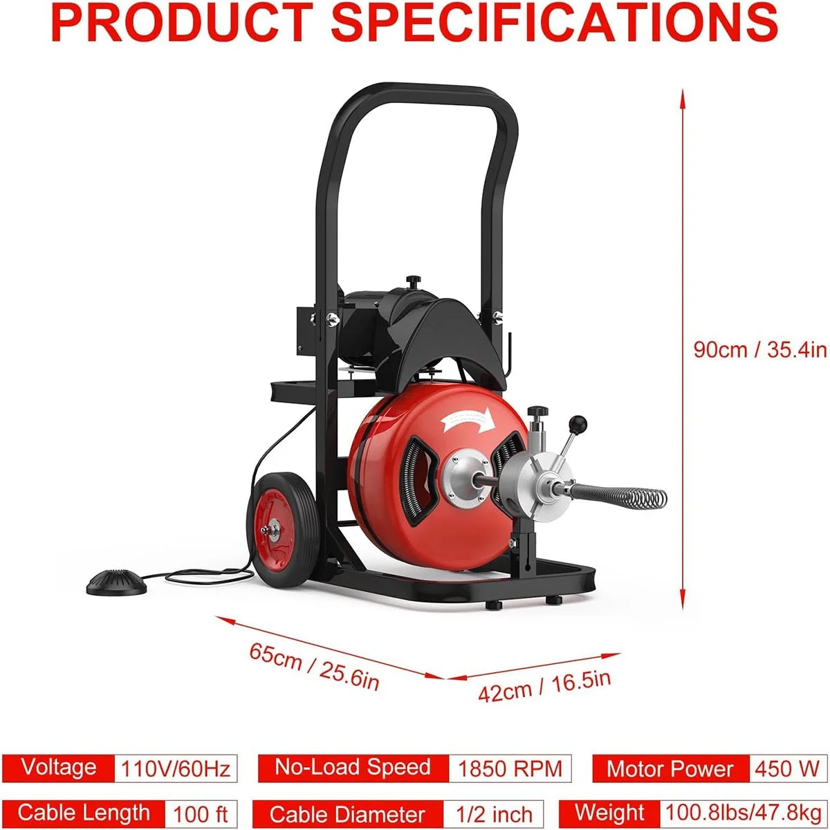 Kselythan 75 FTx1/2 Inch Drain Cleaning Machine, Auto Feed Sewer Snake Drill with Wheels, Pipe Spiral Cleaner with 4 Cutters and Pneumatic Foot Switch, for 2" to 4" Pipes